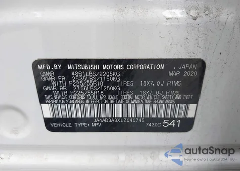 2020 Mitsubishi Outlander Le 2.4/Se 2.4/Sel 2.4/Sp 2.4 from USA, damaged, VIN JA4AD3A3XLZ040745